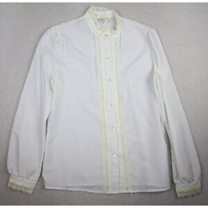 VINTAGE WOMEN'S WHITE LONG SLEEVE BUTTON-UP TOP - LACE TRIM - STYLE CRAFT - 10
